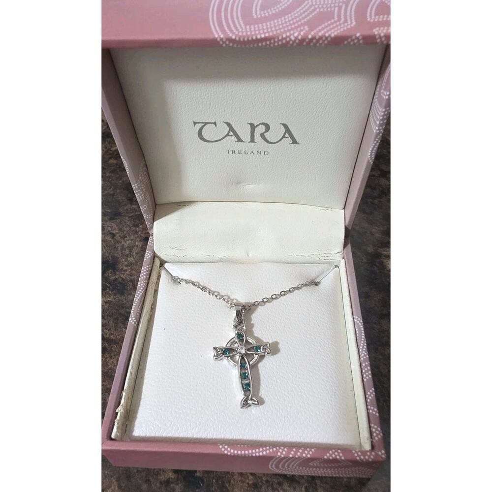 Silver Celtic Cross 8" Necklace Tara Ireland Jewelry Green Allergy Safe
